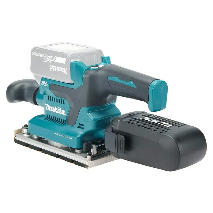 Makita LXT 18V Akku-Schwingschleifer DBO382Z - 18 V, Ohne Akku - Türkis-schwarzer Makita Akku-Schwingschleifer mit 18V Akku und Staubfangbeutel.
