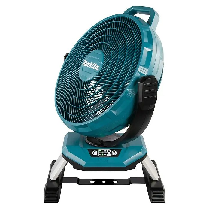Makita LXT 18V Akku-Ventilator DCF301Z - 18 V, Ohne Akku - Makita Akku-Baustellenlüfter in Türkis und Schwarz mit neigbarem Kopf und stabilem Fuß.
