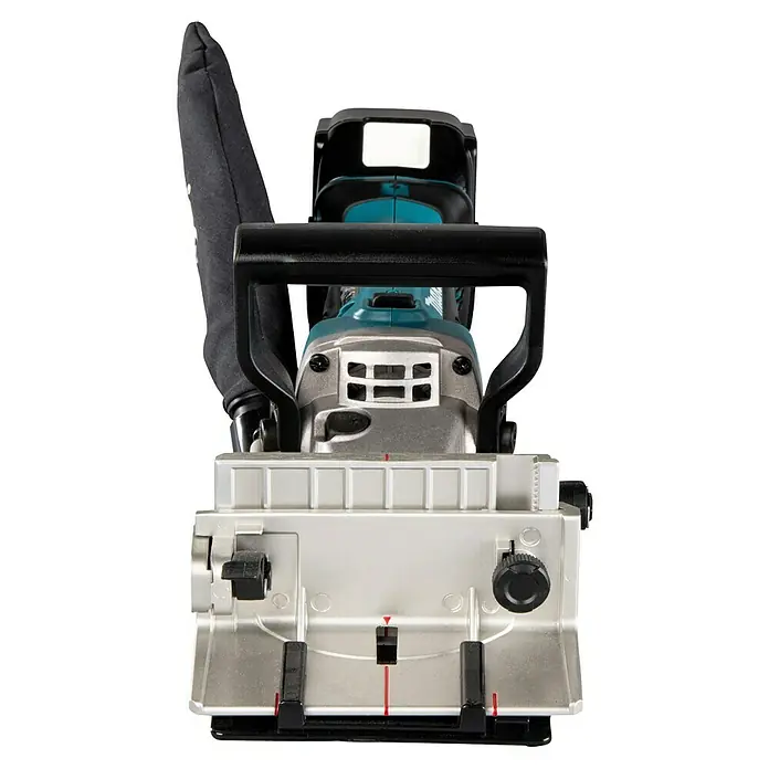 Makita LXT 18V Akku-Nutfräse DPJ180RTJ - 18 V, 5 Ah, Anzahl Akkus: 2 Akkus, 20 mm - Silber-blaue Lamellofräse mit schwarzem Griff und Staubbeutel, für präzise Holzverbindungen.