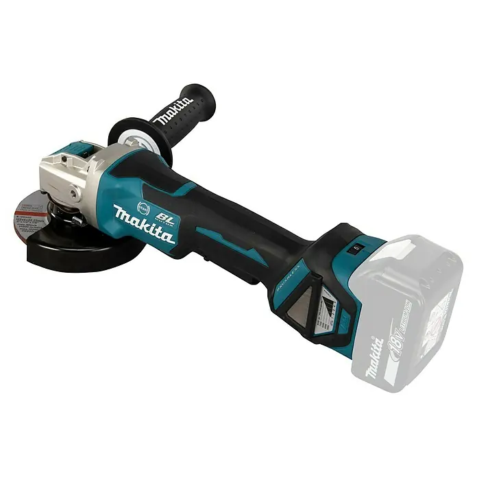 Makita LXT 18V Akku-Winkelschleifer DGA519Z - 18 V, Ohne Akku, Leerlaufdrehzahl: 3.000 U/min - 8.500 U/min - Ein kabelloser Makita Winkelschleifer in Türkis und Schwarz mit bürstenlosem Motor, montierter Trennscheibe und 18V Akku.