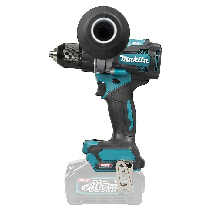 Makita XGT 40V max. Taladro atornillador de batería DF001GZ - 40 V, Sin batería - Taladro inalámbrico Makita 40V XGT negro y turquesa con portabrocas metálico y batería gris. Incluye empuñadura lateral y clip.