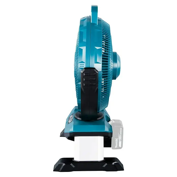 Makita LXT 18V Ventilador de batería DCF301 - 18 V, Sin batería - Ventilador portátil turquesa y negro, vista lateral. Tiene una base negra, una batería blanca extraíble y un asa superior.
