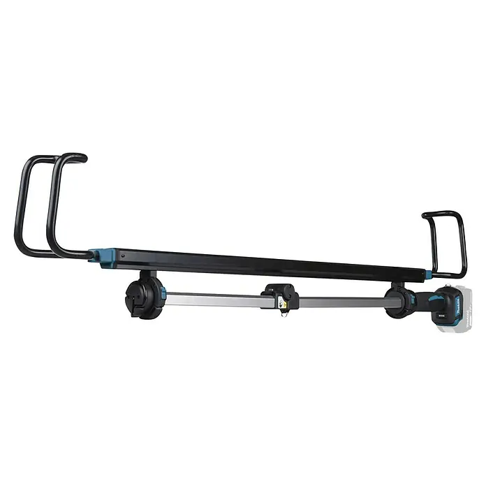 Makita LXT 18V Akku-Stableuchte DML818 - 18 V, Ohne Akku - Akkubetriebene Makita Arbeitsleuchte mit schwarzem, verstellbarem Balken, blauen Akzenten, silberner Stütze und schwarzen Griffen.