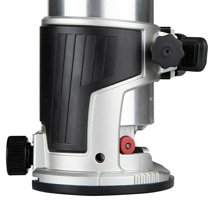 Makita LXT 18V Akku-Multifunktionsfräse DRT50ZJX2 - 18 V, Ohne Akku, Leerlaufdrehzahl: 10.000 U/min - 30.000 U/min - Silberne und schwarze Oberfräsenbasis mit Einstellknöpfen.