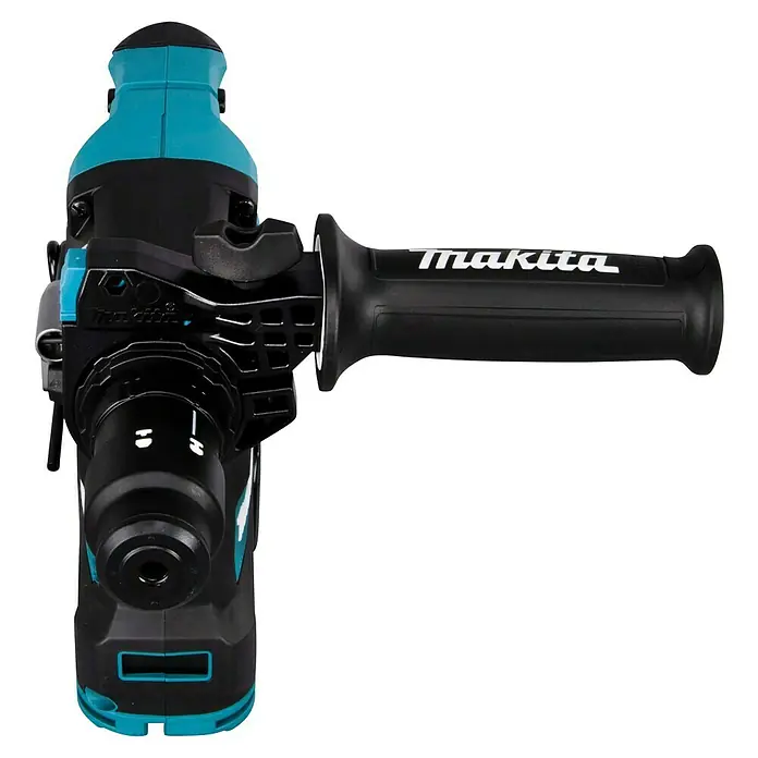Makita XGT 40V max. Akku-Kombihammer HR004GM201 - 40 V, 2 Akkus, 2,9 J - Schwarzer und türkisfarbener Makita Bohrhammer, seitlich abgebildet mit verstellbarem Zusatzhandgriff.