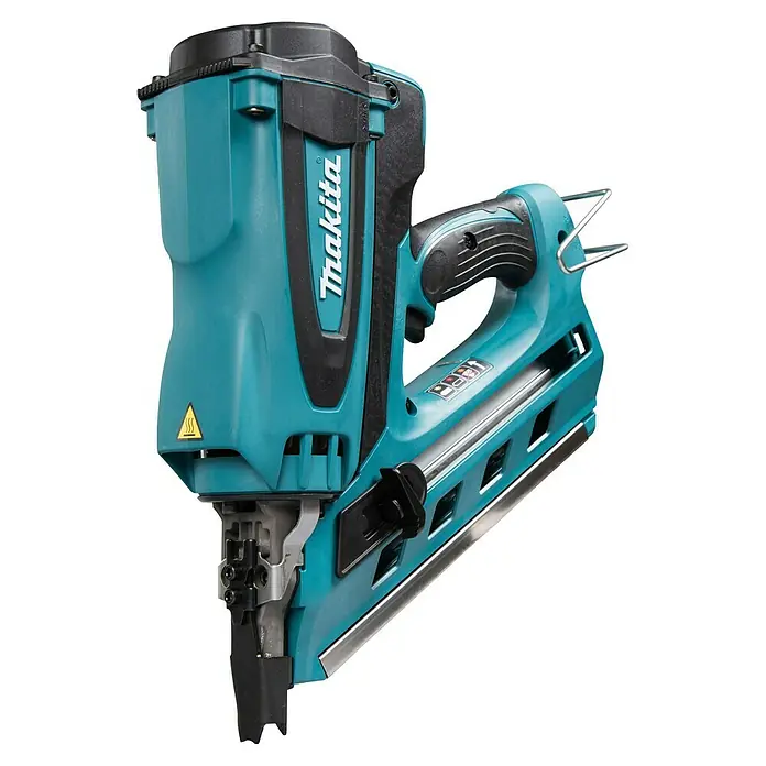Makita Akku-Gasnagler GN900SE - 7,2 V, 2 Akkus, Länge Nagel: 50 mm - 90 mm - Makita Akku-Nagelpistole in Türkis und Schwarz, mit Magazin und ergonomischem Griff.