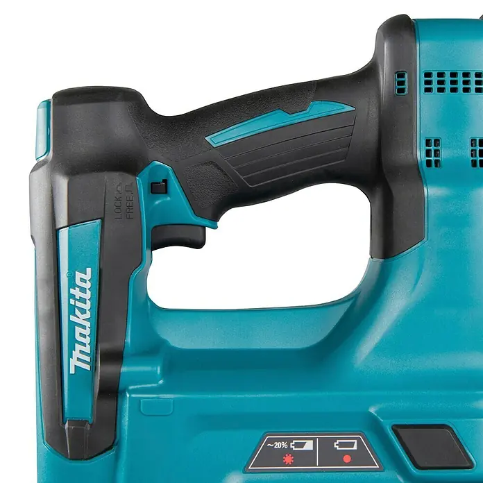 Makita LXT 18V Akku-Nagler DBN500RTJ - 18 V, 2 Akkus, 5 Ah, Länge Nagel: 15 mm - 50 mm - Türkis-schwarzer Elektrowerkzeuggriff mit ergonomischem Halt, Abzug und Batteriestandsanzeige mit niedrigem Ladestand.