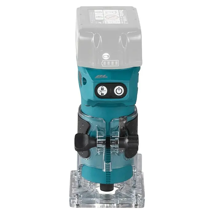 Makita LXT 18V Akku-Kantenfräser DRT52Z - 18 V, Ohne Akku, Leerlaufdrehzahl: 30.000 U/min - Türkis-schwarze Akku-Oberfräse mit transparenter Basis und grauem Akkupack. Mit Bedienelementen und Tiefenverstellung.