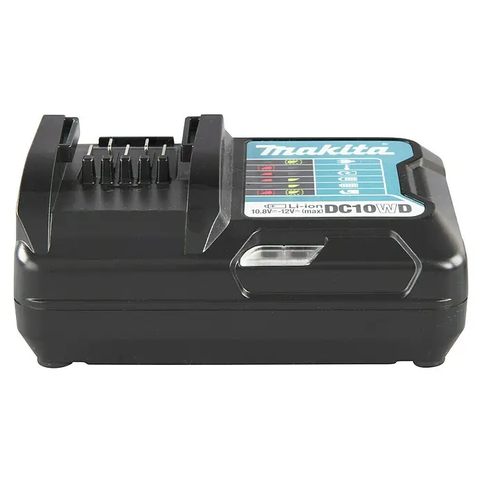 Makita CXT 12V max. Ladegerät DC10WD - Passend für: Makita Li-Ionen-Akkus 10,8 - 12 V - Schwarzes Makita DC10WD Li-ion 10,8V-12V Akku-Ladegerät mit sichtbaren Anzeigeleuchten und Anschlussklemmen.
