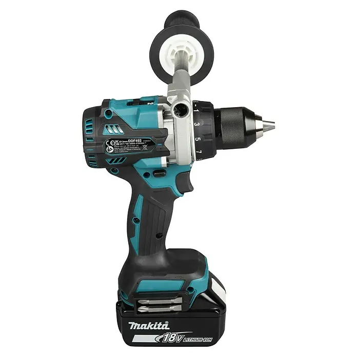 Makita LXT 18V Taladro atornillador de batería DDF492RTJ - 18 V, 2 baterías, 130 Nm - Taladro/atornillador inalámbrico Makita 18V negro y turquesa con mango y batería de litio.