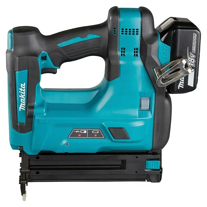 Makita LXT 18V Clavadora de batería DBN500 - 18 V, 2 baterías, 5 Ah, Longitud del clavo: 15 mm - 50 mm - Pistola de clavos inalámbrica Makita 18V turquesa y negra, con batería de litio y clip para cinturón.