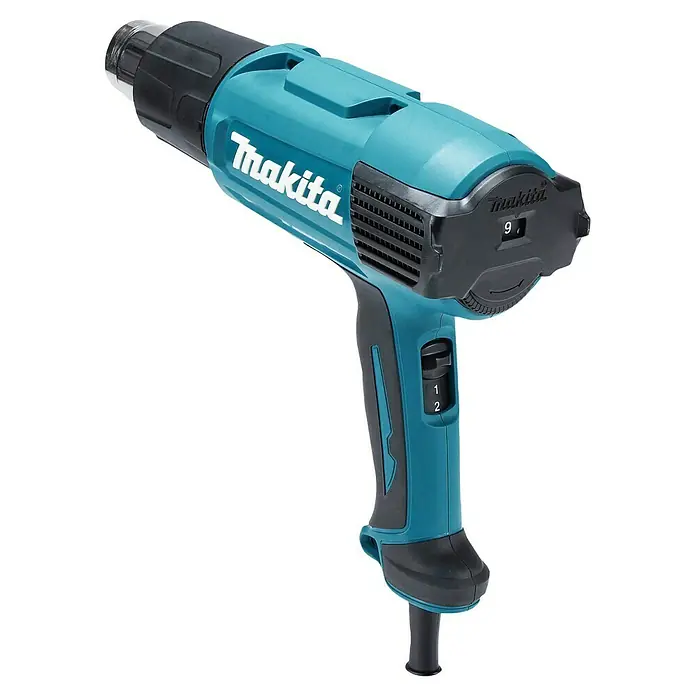 Makita Heißluftgebläse HG6031VK - 1.800 W, Temperaturbereich: 50 °C - 600 °C - Türkise und schwarze Makita Heißluftpistole mit Temperaturregler, zweistufigem Gebläseschalter und Düse.