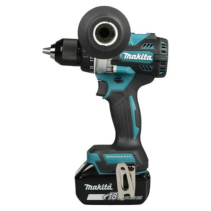 Makita LXT 18V Taladro atornillador de batería DDF492RTJ - 18 V, 2 baterías, 130 Nm - Taladro/atornillador inalámbrico Makita 18V brushless en negro y turquesa con portabrocas ajustable y empuñadura lateral.