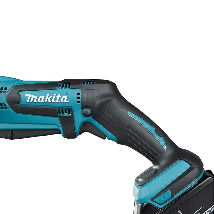 Makita LXT 18V Akku-Säbelsäge DJR183RT1J - 18 V, 1 Akku, 5 Ah, Leerlaufhubzahl: 0 /min - 3.000 /min - Makita Akku-Elektrowerkzeug mit ergonomischem türkisfarbenem und schwarzem Griff und angeschlossenem Akku.