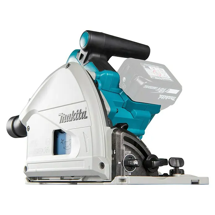 Makita LXT 18V Akku-Tauchsäge DSP600ZJ - 18 V, Ohne Akku, 2.500 U/min - 6.300 U/min - Makita Akku-Tauchsäge in Weiß, Grau und Türkis, mit 18V Akku und verstellbarer Grundplatte.