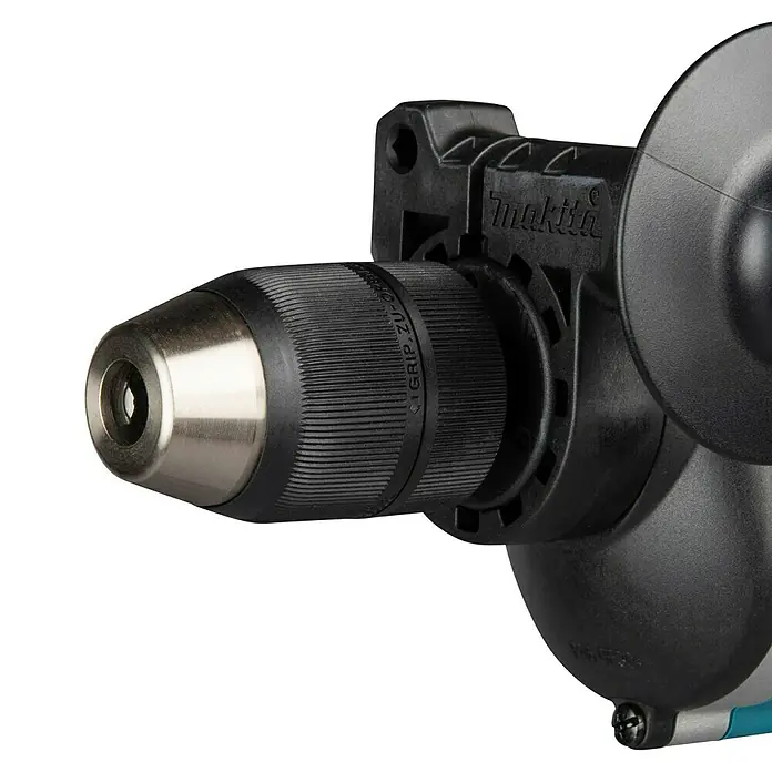 Makita Schlagbohrmaschine HP1631KX3 - 710 W, Schnellspannbohrfutter - Nahaufnahme der Vorderseite einer Makita Bohrmaschine, mit schwarzem Gehäuse und silbernem Metallfutter.