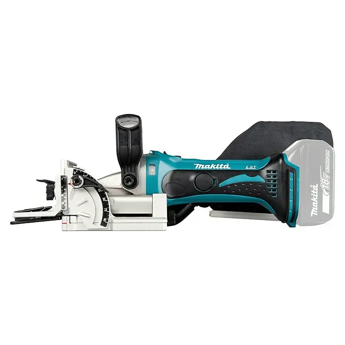 Makita LXT 18V Engalletadora de batería DPJ180Z - 18 V, Sin batería, Profundidad de corte: 20 mm - Fresadora de galletas Makita a batería, turquesa y negra, con batería LXT de 18V, ajuste de guía, profundidad y ángulo.