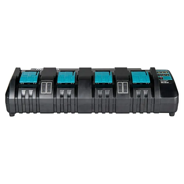 Makita LXT 18V Ladegerät DC18SF - Passend für: Makita Li-Ionen-Akkus 14,4 - 18 V - Schwarzes Multi-Ladesystem für 14,4-18V Li-ion Akkus mit türkisfarbenen Akku-Entriegelungen.