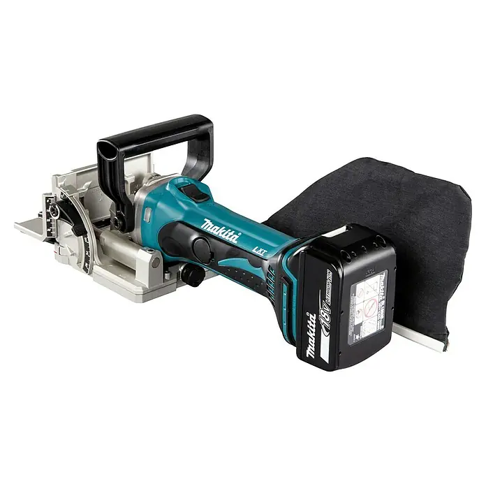 Makita LXT 18V Fresa de ranurado de batería DPJ180RTJ - 18 V, 2 baterías, 5 Ah, 20 mm - Fresadora de galletas inalámbrica Makita en turquesa, negro y plata, con batería y bolsa para polvo negra.