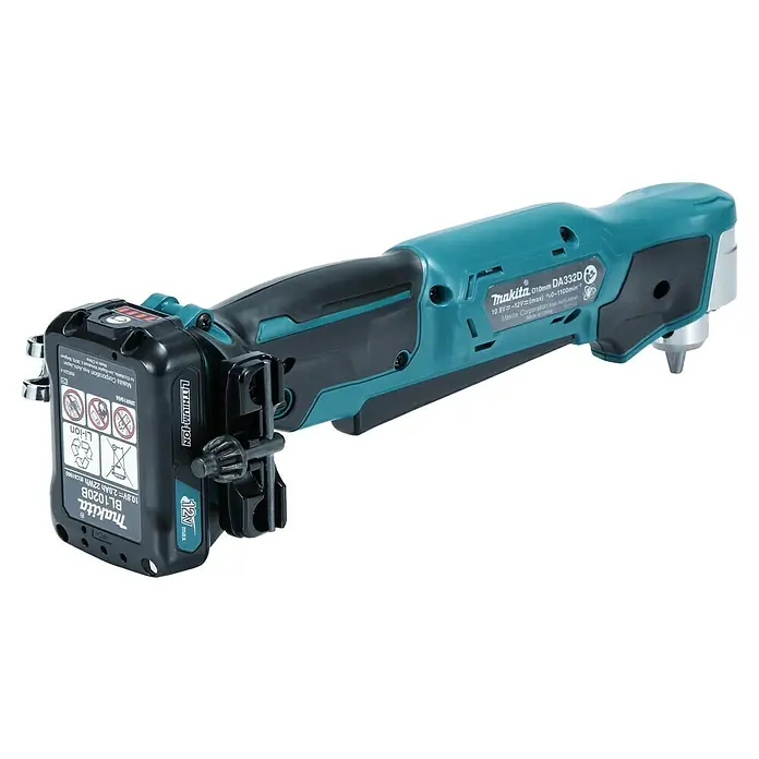 Makita CXT 12V max. Akku-Winkelbohrmaschine DA332DSYJ - 12 V, 1 Akku - Eine kabellose, türkis-schwarze Makita Winkelbohrmaschine mit 12V Li-Ion Akku, zeigt ihren Winkelkopf und das Bohrfutter.