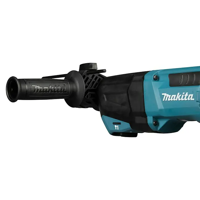 Makita Kombihammer HR2670FTX1 - 800 W, 3 J, SDS-Plus-Aufnahme - Nahaufnahme des schwarzen Makita Elektrowerkzeuggriffs mit Logo, verbunden mit dem türkisfarbenen und schwarzen Gehäuse.
