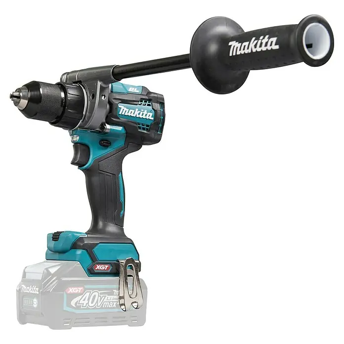 Makita XGT 40V max. Taladro atornillador de batería DF001GZ - 40 V, Sin batería - Taladro percutor inalámbrico Makita, turquesa y negro, con mango auxiliar y batería XGT 40V max.