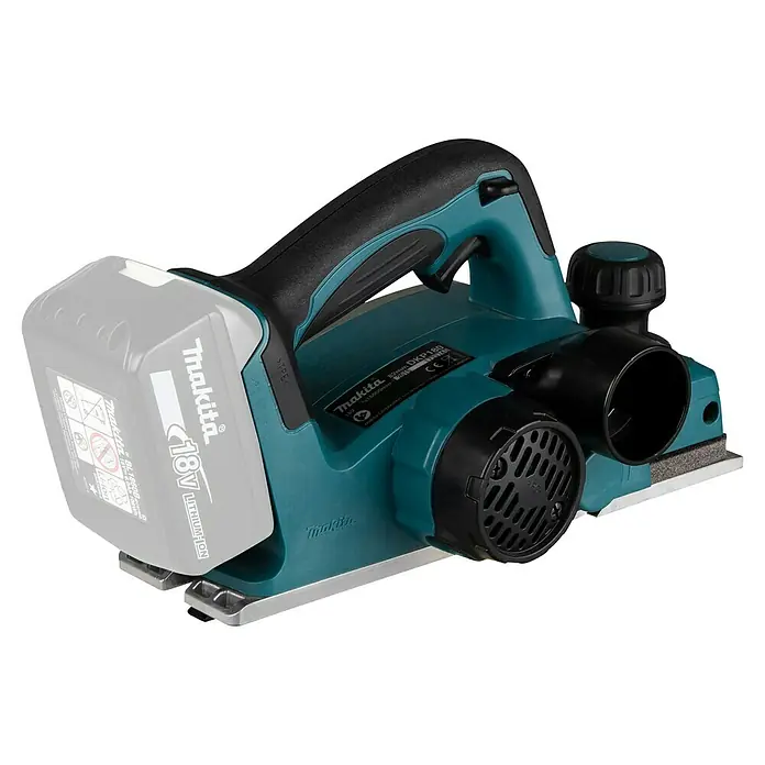 Makita LXT 18V Akku-Handhobel DKP180Z - 18 V, Li-Ionen, Ohne Akku, Hobelbreite: 82 mm - Makita Akku-Hobel in Türkis und Schwarz mit 18V Li-Ion Akku und Staubanschluss.