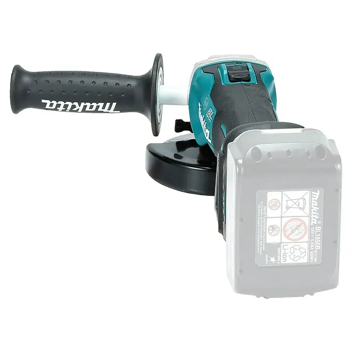 Makita LXT 18V Akku-Winkelschleifer DGA513Z - 18 V, Ohne Akku, Durchmesser Scheibe: 125 mm - Türkis-schwarzer Makita Winkelschleifer mit Zusatzhandgriff und grauem Akkupack.