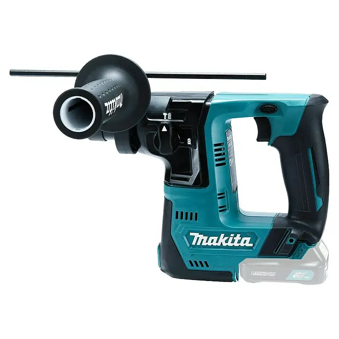 Makita CXT 12V max. Akku-Bohrhammer HR140DZ - 12 V, Ohne Akku, 1 J - Türkis-schwarzer Makita Akku-Bohrhammer mit Zusatzhandgriff und Akkupack.