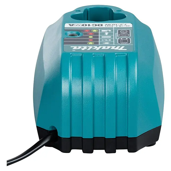 Makita Ladegerät DC10WA - Passend für: Makita Li-Ionen-Blockakkus 7,2 - 10,8 V - Türkis-schwarzes Makita Li-ion Akkuladegerät für 7.2V-10.8V Akkus, mit Statusleuchten und Netzkabel.