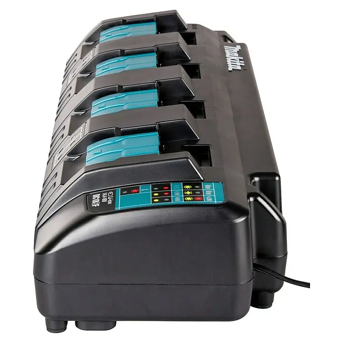Makita LXT 18V Ladegerät DC18SF - Passend für: Makita Li-Ionen-Akkus 14,4 - 18 V - Schwarzes Makita-Mehrfachladegerät mit vier Akkuschächten und türkisfarbenen Akzenten sowie Ladezustandsanzeigen.