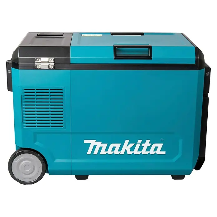 Makita Akku-Kühlbox zum Kühlen & Warmhalten CW004GZ - 18 V, Ohne Akku, 29 l - Türkisfarbene und schwarze Makita Kühl-/Wärmebox mit Rollen und Griffen, mit Lüftungsgitter und Makita-Logo.