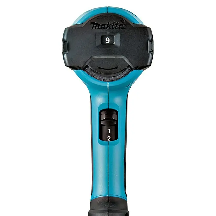 Makita Heißluftgebläse HG6031VK - 1.800 W, Temperaturbereich: 50 °C - 600 °C - Makita Heißluftpistole in Blau und Schwarz mit digitaler Anzeige (9), Einstellrad und 2-Stufen-Schiebeschalter.
