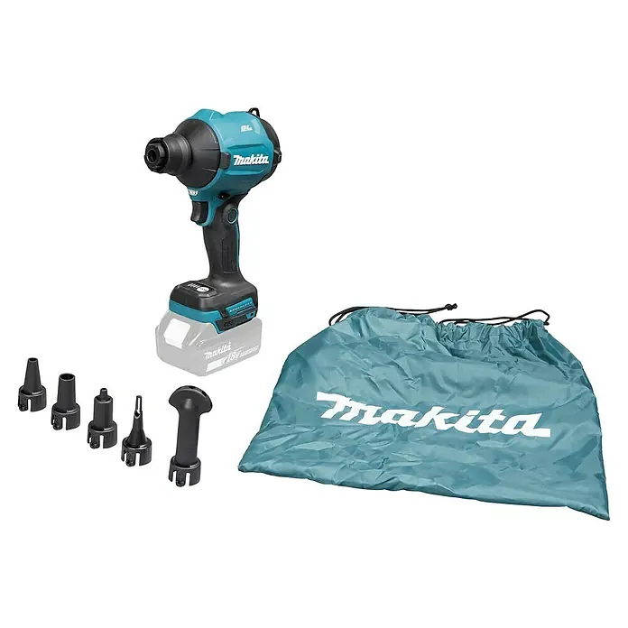 Makita LXT 18V Akku-Gebläse DAS180Z - 18 V, Ohne Akku, 200 mm/s - Makita Akku-Gebläse/Pumpe mit verschiedenen schwarzen Düsen und einer türkisen Aufbewahrungstasche.