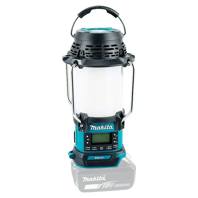Makita LXT 18V Radio de batería con linterna DMR056 - 18 V, Sin batería, Flujo luminoso: 310 lm - Una linterna portátil Makita 18V LXT turquesa y negra con difusor blanco, panel de control Bluetooth y asa integrada.