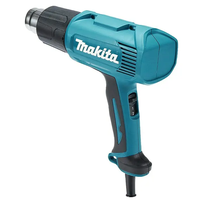 Makita Heißluftgebläse HG5030K - 1.600 W, Temperaturbereich: 350 °C - 500 °C - Türkise und schwarze Makita Heißluftpistole mit zwei Heizstufen.