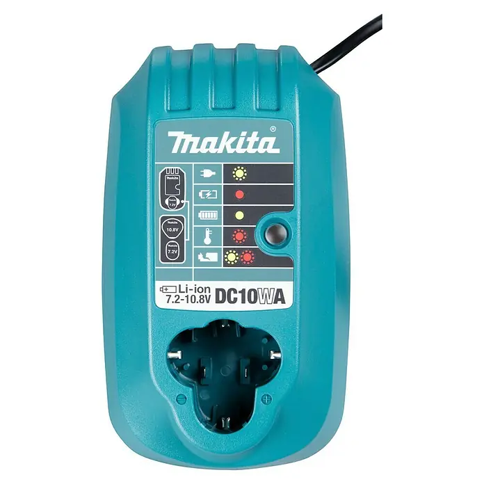 Makita Ladegerät DC10WA - Passend für: Makita Li-Ionen-Blockakkus 7,2 - 10,8 V - Türkises Makita DC10WA Li-ion Ladegerät für 7.2-10.8V Akkus mit Ladeanzeigen.