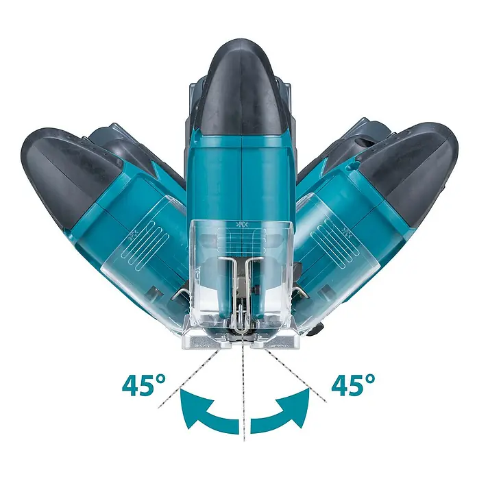 Makita LXT 18V Akku-Pendelhubstichsäge DJV186Z - 18 V, Ohne Akku, 2.900 /min - Türkisfarbene und schwarze Stichsäge, die einen 45-Grad-Gehrungsschnittbereich mit nach links und rechts geneigtem Blatt zeigt.