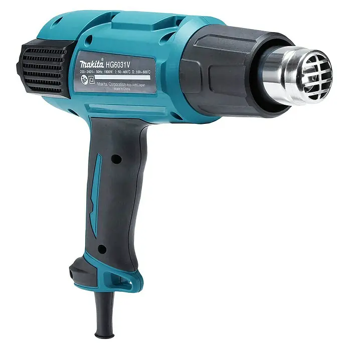 Makita Heißluftgebläse HG6031VK - 1.800 W, Temperaturbereich: 50 °C - 600 °C - Türkis-schwarze Makita HG6031V Heißluftpistole mit silberner Düse für Heizanwendungen.