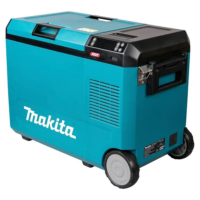 Makita Akku-Kühlbox zum Kühlen & Warmhalten CW004GZ - 18 V, Ohne Akku, 29 l - Makita akku Kühl- und Wärmebox in Türkis mit schwarzen Akzenten, Rädern, Griffen und digitalem Bedienfeld.