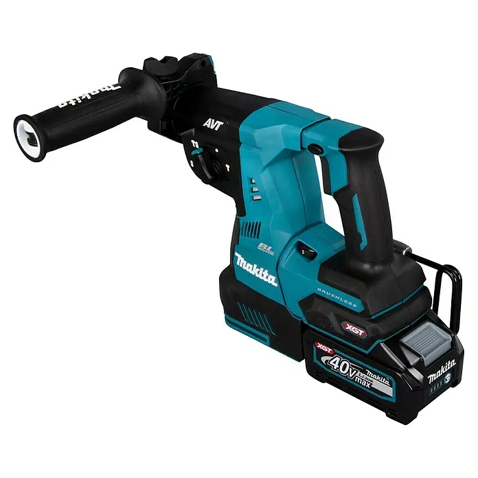 Makita XGT 40V max. Akku-Kombihammer HR004GM201 - 40 V, 2 Akkus, 2,9 J - Eine Makita XGT 40V max Akku-Bohrhammer in Schwarz und Türkis mit Zusatzgriff.
