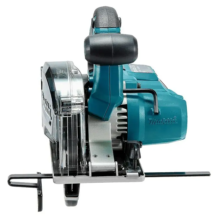 Makita LXT 18V Akku-Handkreissäge DCS553RTJ - 18 V, 2 Akkus, 5 Ah - Makita Handkreissäge in Türkis und Schwarz mit transparentem Blattschutz und verstellbarer Führungsschiene.