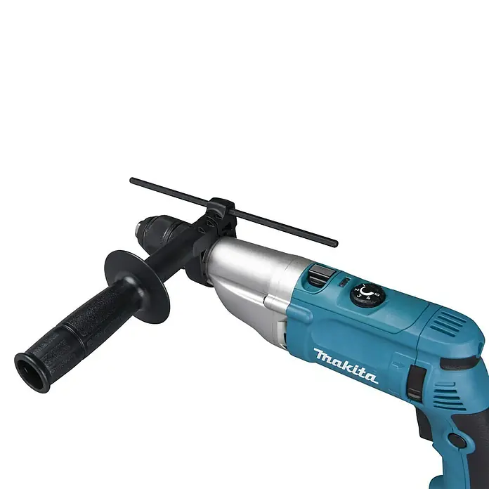 Makita Schlagbohrmaschine HP2071FJ - 1.100 W, Schnellspannbohrfutter - Türkise und silberne Makita Schlagbohrmaschine mit schwarzem Zusatzhandgriff und Tiefenanschlag.