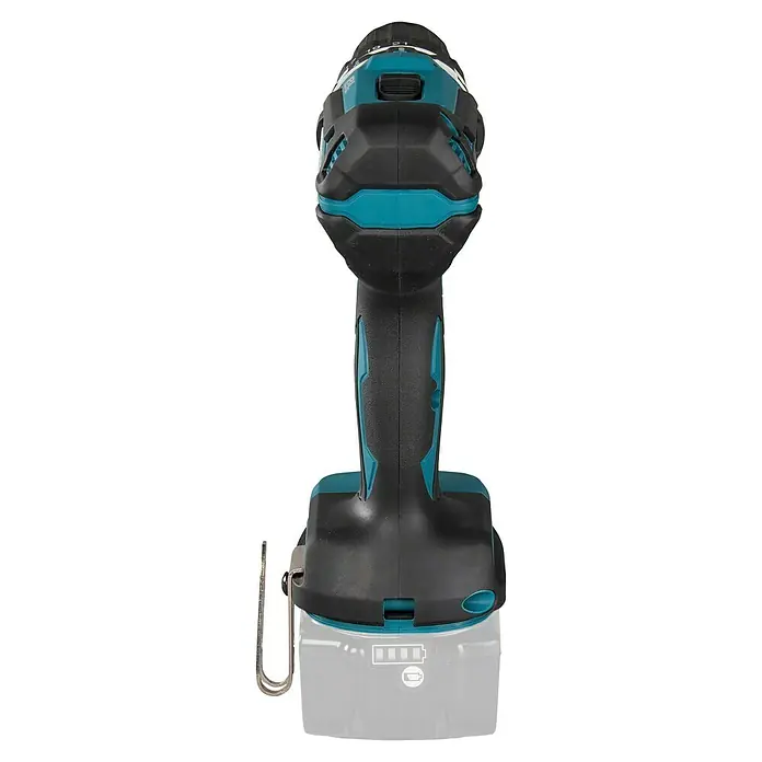 Makita LXT 18V Akku-Schlagschrauber DHP485Z - 18 V, Ohne Akku, 50 Nm - Rückansicht eines schwarz-türkisen Akku-Bohrschraubers mit Akku und Metallgürtelclip.
