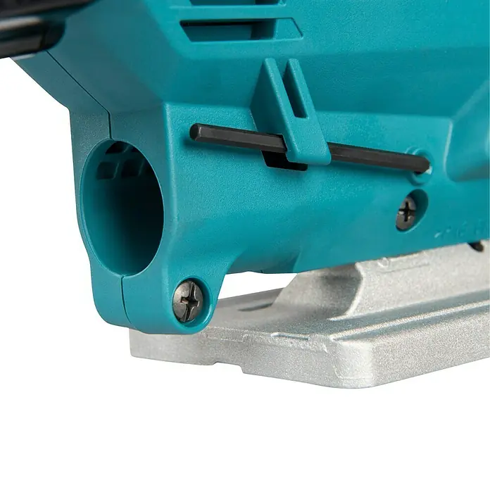 Makita LXT 18V Akku-Pendelhubstichsäge DJV186Z - 18 V, Ohne Akku, 2.900 /min - Nahaufnahme eines türkisfarbenen Elektrowerkzeugs mit silberner Grundplatte, eingesetztem schwarzem Inbusschlüssel und einer Kreuzschlitzschraube.