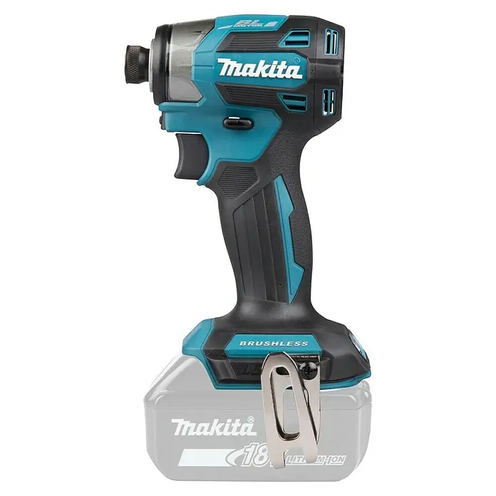 Makita LXT 18V Akku-Schlagschrauber DTD173Z - 18 V, Ohne Akku - Makita 18V bürstenloser Schlagschrauber in Schwarz und Türkis mit silbernem Gürtelclip und Akku.