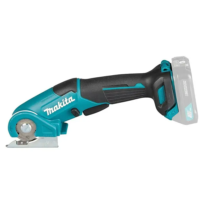 Makita CXT 12V max. Cortador universal de batería CP100DZ - 12 V, Sin batería, Profundidad máx. de corte: 6 mm - Cortadora rotativa inalámbrica Makita turquesa y negra, con cuchilla plateada y batería gris de 12V conectada.