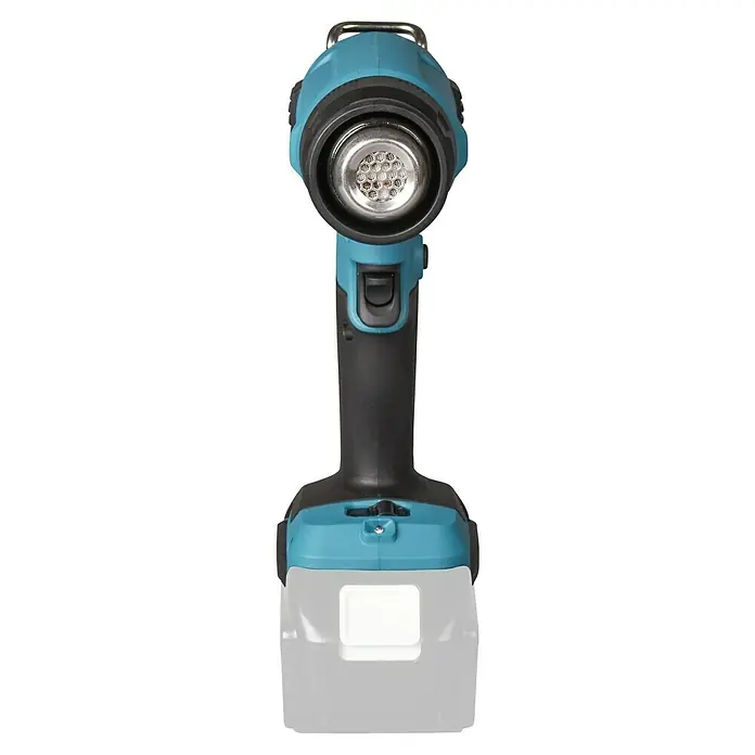 Makita LXT 18V Pistola de aire caliente de batería DHG181ZK - 18 V, Sin batería, Rango de temperaturas: 150 °C - 550 °C - Luz de trabajo inalámbrica turquesa y negra con gancho metálico, matriz de LED frontal y panel de luz difusa en la base.