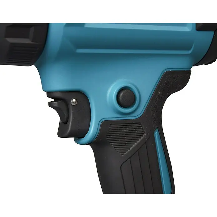 Makita LXT 18V Pistola de aire caliente de batería DHG181ZK - 18 V, Sin batería, Rango de temperaturas: 150 °C - 550 °C - Empuñadura ergonómica de herramienta eléctrica turquesa y negra con gatillo y agarre texturizado.