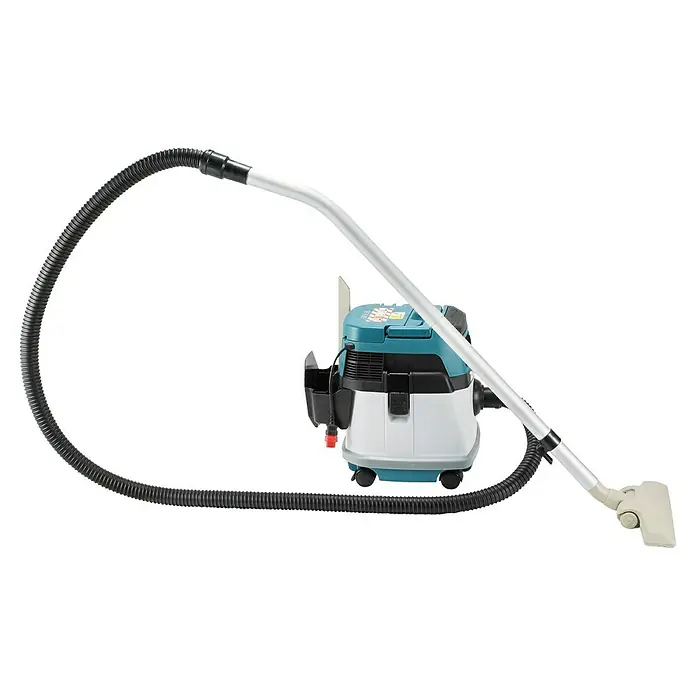 Makita LXT 18V Akku-Nass-Trockensauger DVC150LZ - 36 V, Ohne Akku, Behältervolumen: 15 l - Türkis-weißer tragbarer Nass-/Trockensauger mit langem schwarzem Schlauch und silberner Stange, verbunden mit einer beigen Düse.